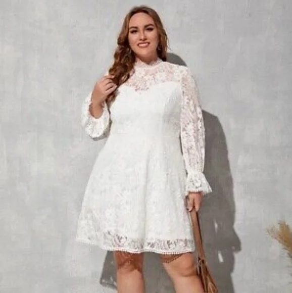 lace homecoming dress Blush Floral Lace Homecoming Dress Puffed Sleeve Tea-Length Dress hc321 Custom Colors / 26W main image 0